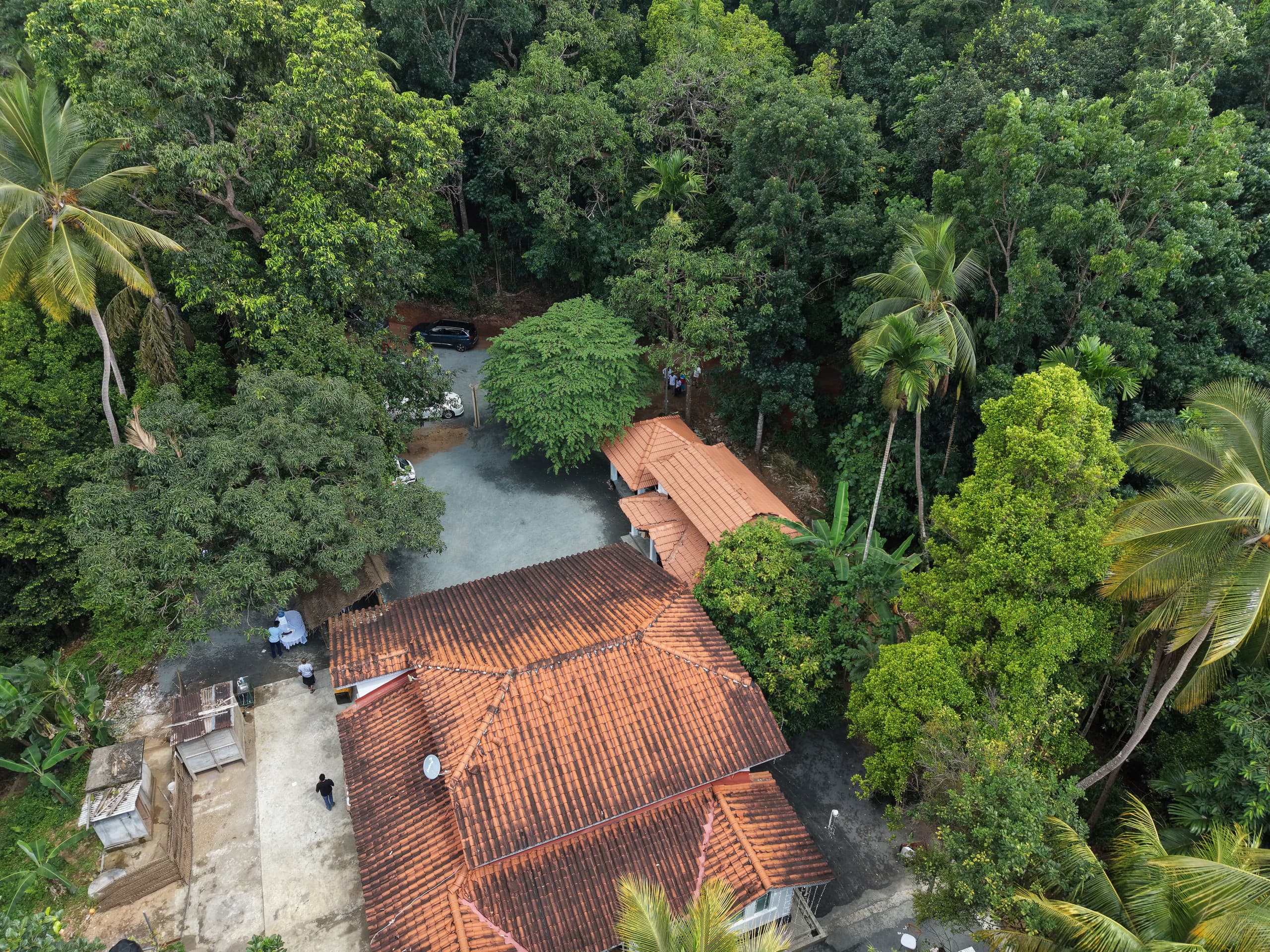 Terracotta tiled roofs of the walawwa seen from a drone