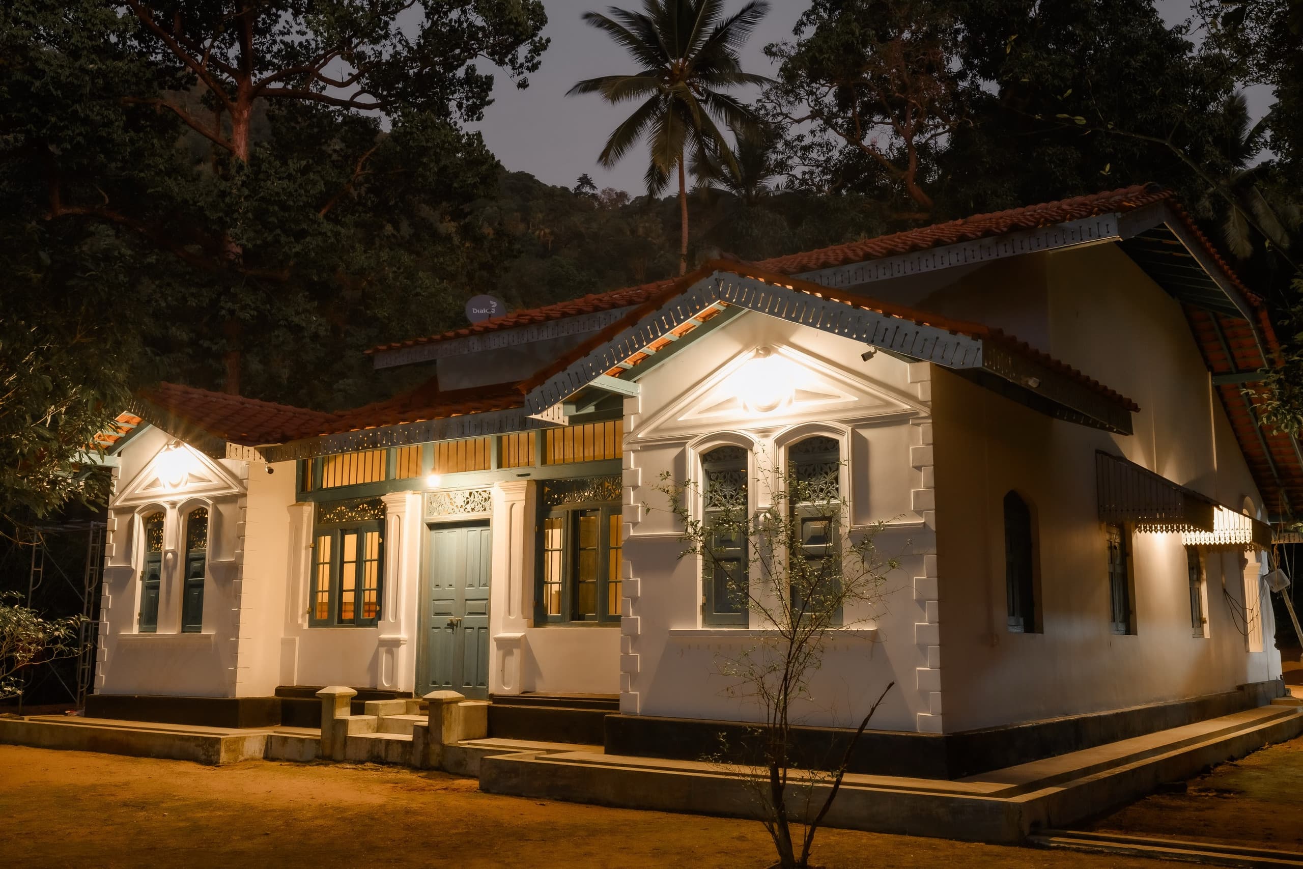 The walawwa facade lit at night